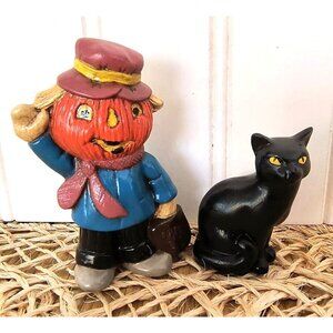 Jack-o'-lantern Trick or Treating Scarecrow Boy and Black Cat,  Halloween, EUC